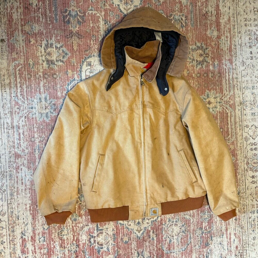 Vintage Carhartt Santa Fe Classic Red Lined J13 Brown Jacket Coat W/ Hood USA XL